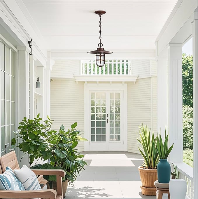 Oil Rubbed Bronze Outdoor Pendant Light,Weatherproof Anti-Rust 12''H Hanging Porch Light with Seeded Glass Shade Bulb Included,Outside Lantern Chandelier 70'' Adjustable Chain for Patio Garden