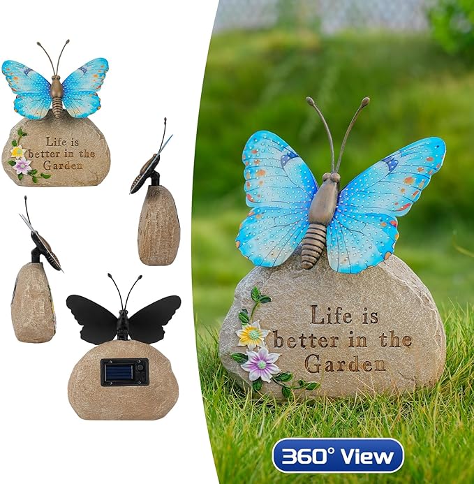 Solar LED Butterfly Garden Statue with Sparkling Light-Up Wings - Outdoor Yard Patio Decor Figurine, for Women Mom Grandma (Blue)