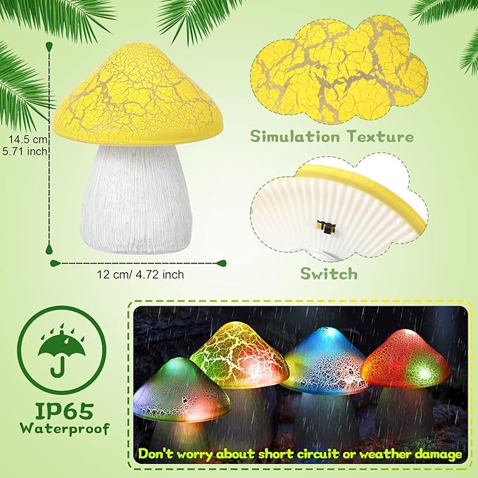 Macarrie 2 Pcs Mushroom Solar Lights Decor Garden Outdoor 4.7x5.7 Inch Solar Lights Waterproof Garden Pathway Landscape Lamp Gift for Spring Easter Summer Yard Lawn Patio Decoration(Red, Yellow)