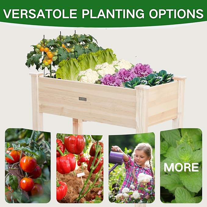 ZSYWODFO 34x18x30in Wooden Raised Garden Bed with Legs,Elevated Reinforced Planter Box with Bed Liner for Backyard/Patio/Gardener,150lb Capacity - Natural