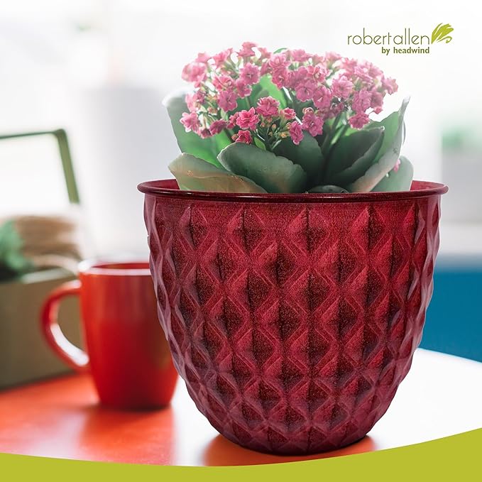 Headwind Glazed Ironstone Diamonte Collection – Crimson Red 12-Inch Decorative Plant Pot, Indoor & Outdoor, Vintage Diamond-Textured, Lightweight & Weather-Resistant for Garden Use by Robert Allen