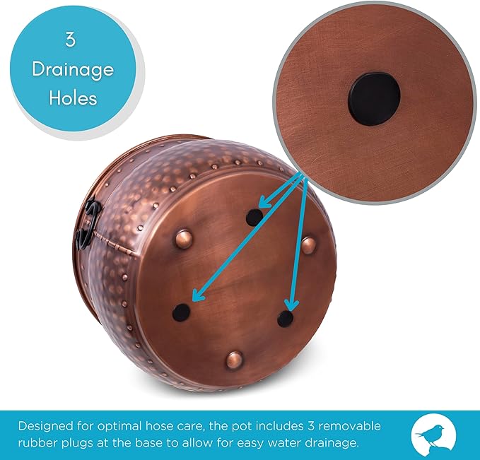 BIRDROCK HOME Water Hose Holder with Lid | Ground Garden Hose Pot | Decorative | Handle | Embossed | Steel Metal with Copper Accents | Outdoor or Indoor Use