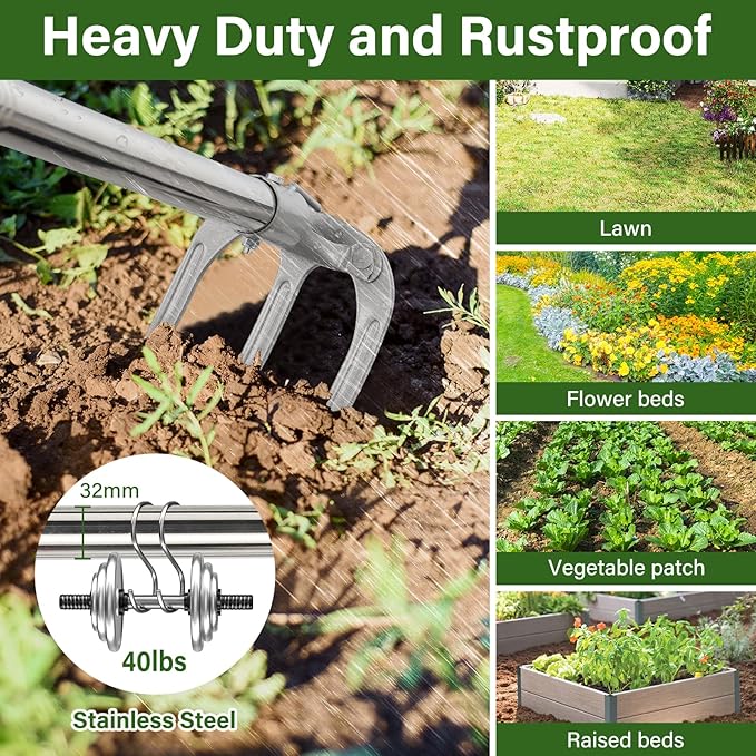 Hand Rake Garden Tool - 57" Long Handle Soil Tiller Cultivator Weeding Rake, 3-Tine Heavy Duty Carbon Steel with D-Grip for Effortless Weeds Digging, Soil Loosening, Planting