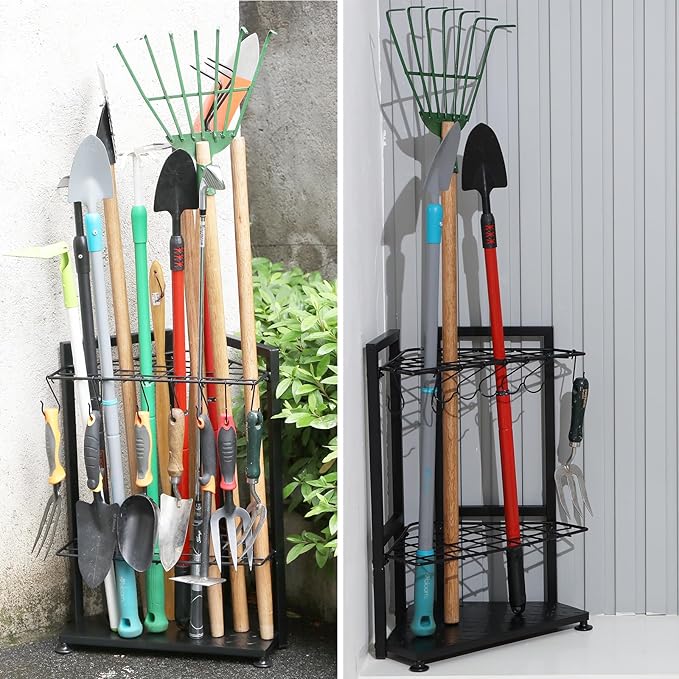YueTong Garden Tool Organizer for Corner,Yard Tools Rack for Garage Storage Organization,Garage Tool Holder Free Standing No Mount.Heavy Duty and Solid Metal for Indoor and Outdoor Use.