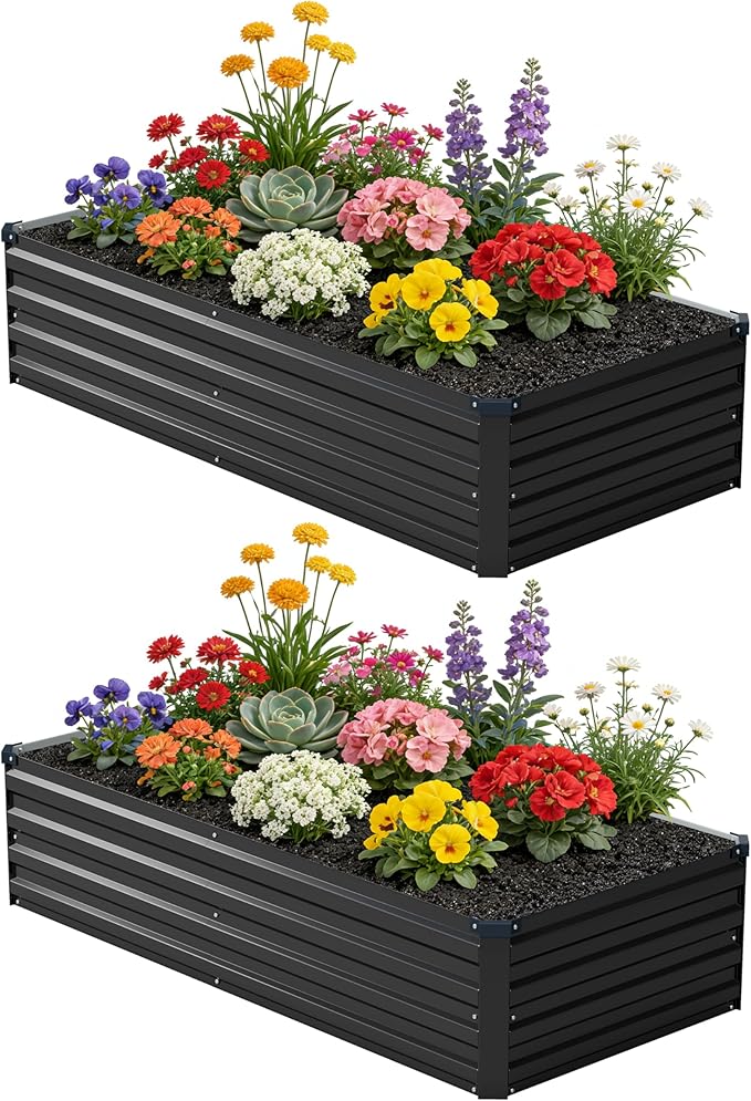 zunatu 6x1.5x1 ft(2 Pack) Galvanized Raised Garden Bed,Outdoor Planter Box Metal Patio Kit Planting Bed for Vegetables Flowers and Succulents,Black