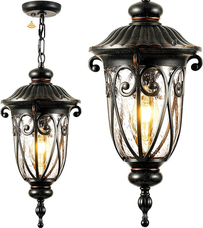 VIANIS Dusk to Dawn Outdoor Hanging Lights, Large Bronze Vintage Outdoor Pendant Light, Waterproof with Seed Glass, Anti-Rust Adjustable Length Chandelier, Porch Ceiling Light for Yard, Doorway