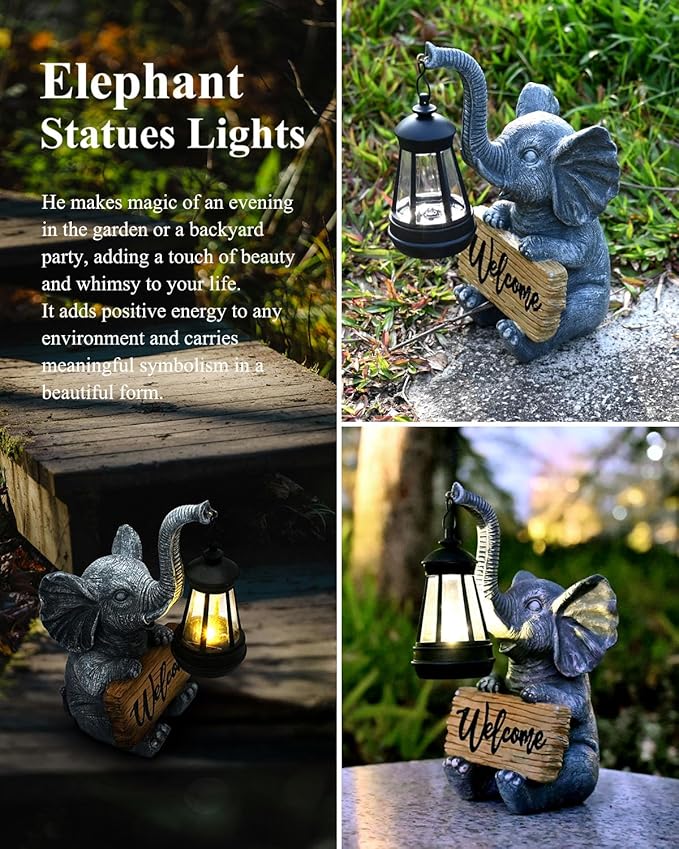 KVR Solar Elephant Garden Lights, Outdoor Welcome Statue Decor for Patio Yard, Birthday Gift for Women Mom Grandma (2025 New Gift Ready) (Black)