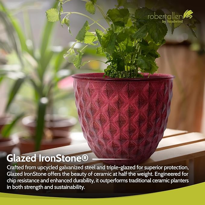 Headwind Glazed Ironstone Diamonte Collection – Crimson Red 12-Inch Decorative Plant Pot, Indoor & Outdoor, Vintage Diamond-Textured, Lightweight & Weather-Resistant for Garden Use by Robert Allen