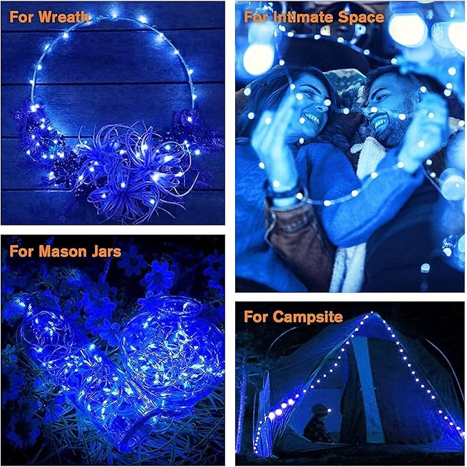 QITONG 4 Pack Solar Fairy Lights, Each 33ft 100 LED Blue Christmas String Light Outdoor Waterproof, 8 Modes Silver Wire Twinkle Mini Lights
