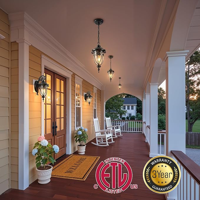 VIANIS Dusk to Dawn Outdoor Hanging Lights, Bronze Vintage Outdoor Pendant Light, Waterproof with Seed Glass, Anti-Rust Adjustable Length Chandelier, Porch Ceiling Light for Garden, Yard, Doorway