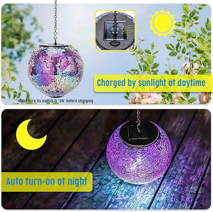 VCUTEKA Solar Lanterns Outdoor Waterproof - Hanging Solar Lights Garden LED Lanterns Mosaic Crack Glass Design for Landscape Patio Yard Garden Pathway Decoration