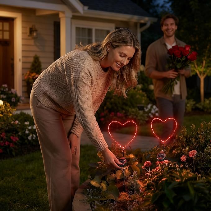 Solar Heart Garden Stake Light with Copper Wire LED - Red Light - Metal Frame Valentine's Day Outdoor Decor for Yard Patio Pathway - Waterproof Red Heart Shaped Solar Lights, Lawn Decor, Gift