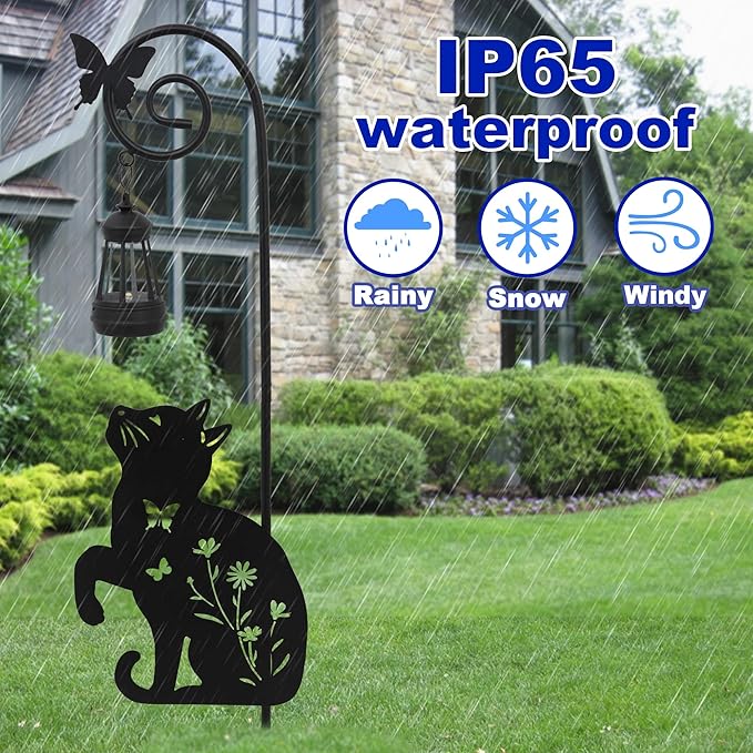 Solar Cat Lantern Garden Stakes - Outdoor Decorative Solar Lights for Yard, Patio, Pathway - Weatherproof Metal Cat Stake with Auto Night Lighting