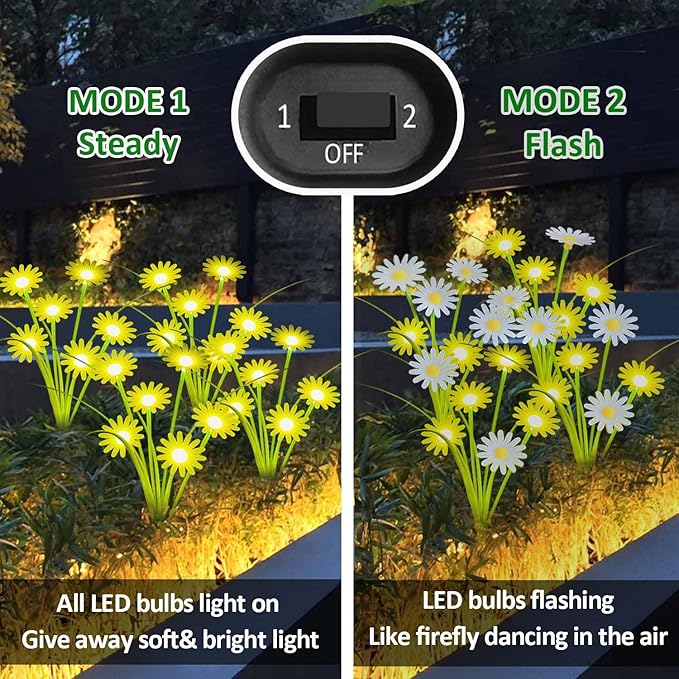 Solar Outdoor Lights (2-Pack, 12 LEDs), Solar Garden Lighting, Outdoor Decorations, Daisy Light for Backyard Porch Balcony Party Decor, Unique Gifts (Warm White)
