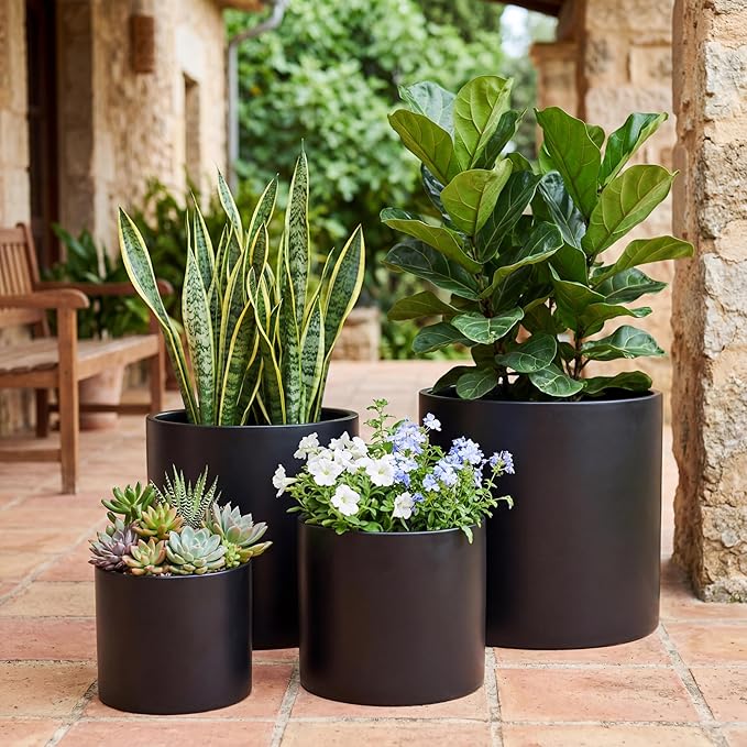 FaithLand Plant Pot 14 inch - Perfectly Fits Mid-Century Modern Plant Stand - Drainage Plug and Drainage Mesh Screen - Matte Black