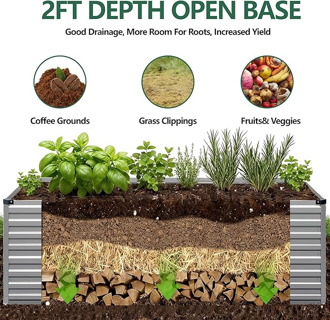 Vengarus 4x2x2FT Galvanized Raised Garden Bed Kit, Outdoor Metal Planter Box for Vegetables, Fruits,Herbs, and Succulents -120 Gallon Capacity,Silver