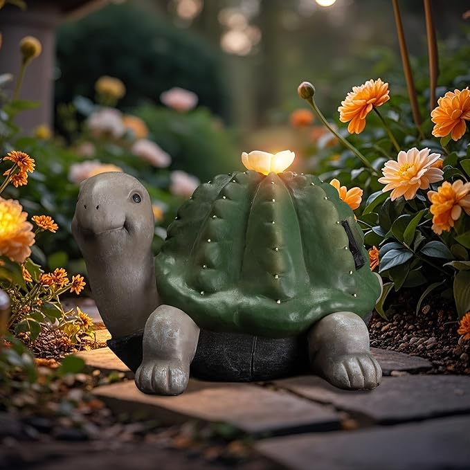 Solar Cactus Turtle Statue Garden Decor Light - Outdoor Decorative LED Flower, Suitable for Patio, Lawnand Garden Decorations, Gifts for Mom