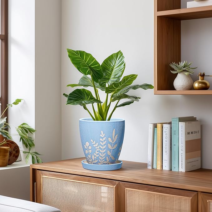 EPFamily 6 Inch Ceramic Plant Pot with Saucer - Small Flower Pot with Drainage for Succulents & Herbs, Boho Desk Home Office Room Decor, Plant Lovers Gifts, Blue