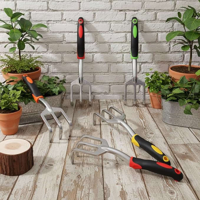 Yaocom 12 Pcs Hand Rake Garden Tool Mini Heavy Duty Garden Cultivator 11 Inch Small Rake Gardening Aluminum Alloy Hand Tiller with Handle for Digging Weeding Loose Soil (Red,Orange,Yellow,Green)