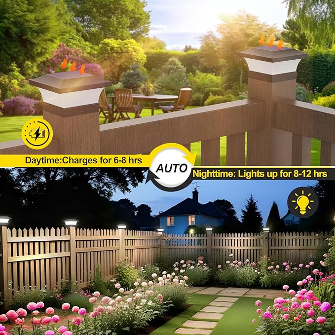 T-SUN Solar Post Cap Lights, Outdoor Waterproof LED Lights for 4x4 Wooden Posts, Deck, Fence, Garden, Mailbox – Eco-Friendly, Made from Recycled Materials, Sustainable Solar Fence Post Light (12 Pack)