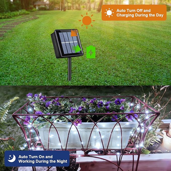 QITONG 4 Pack Solar Fairy Lights, Each 33ft 100 LED White Christmas String Light Outdoor Waterproof, 8 Modes Silver Wire Twinkle Mini Lights