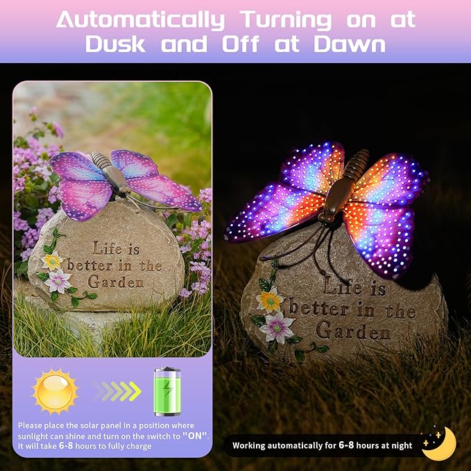 Solar LED Butterfly Garden Statue with Sparkling Light-Up Wings - Outdoor Yard Patio Decor Figurine, for Women Mom Grandma(Purple)