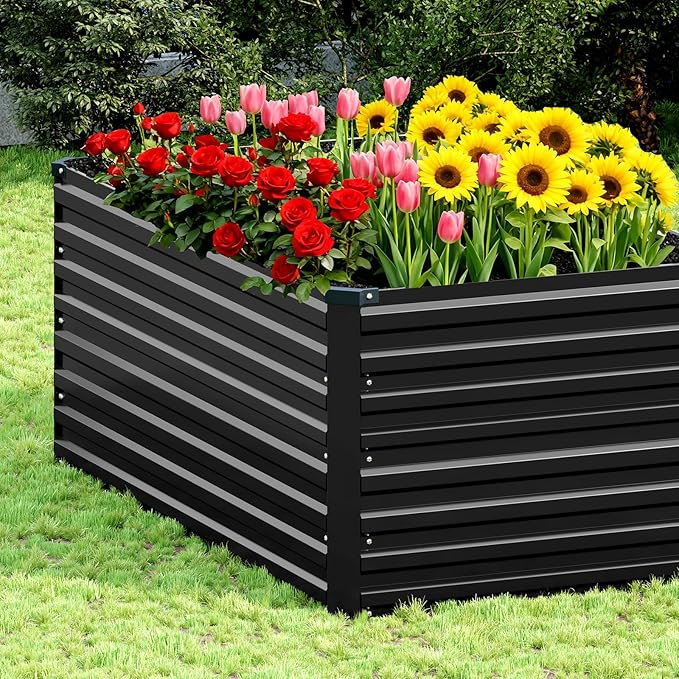 Vengarus 4x2x2FT Galvanized Raised Garden Bed Kit, Outdoor Metal Planter Box for Vegetables, Fruits,Herbs, and Succulents - 120 Gallon Capacity,Black