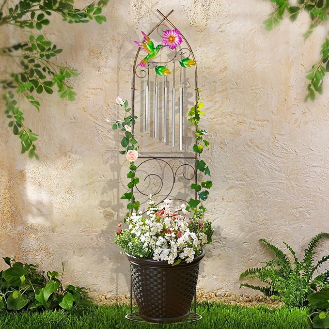 Plant Stands with Garden Trellis, 48” Metal Standing Wind Chimes Plant Pot Trellis with Hummingbird for Garden Patio Backyard Climbing Plants Outdoor Decor