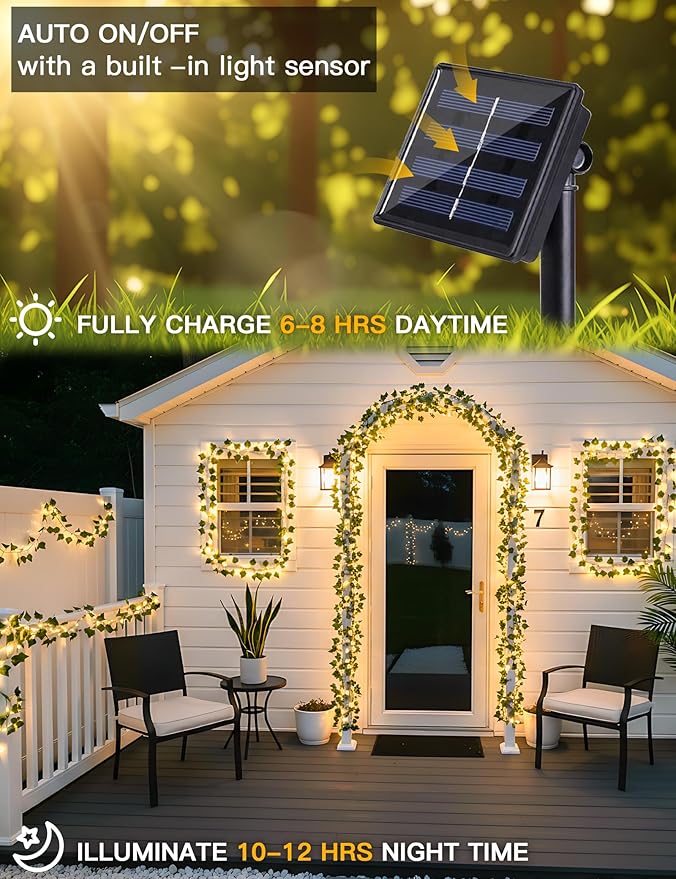 suddus Solar Ivy String Lights Outdoor Waterproof, 33ft 100 LED Fake Vines with Lights, Artificial Greenery Leaf Fairy Light for Privacy Fence, Wall, Patio, Garden, Balcony Decor (Warm White)