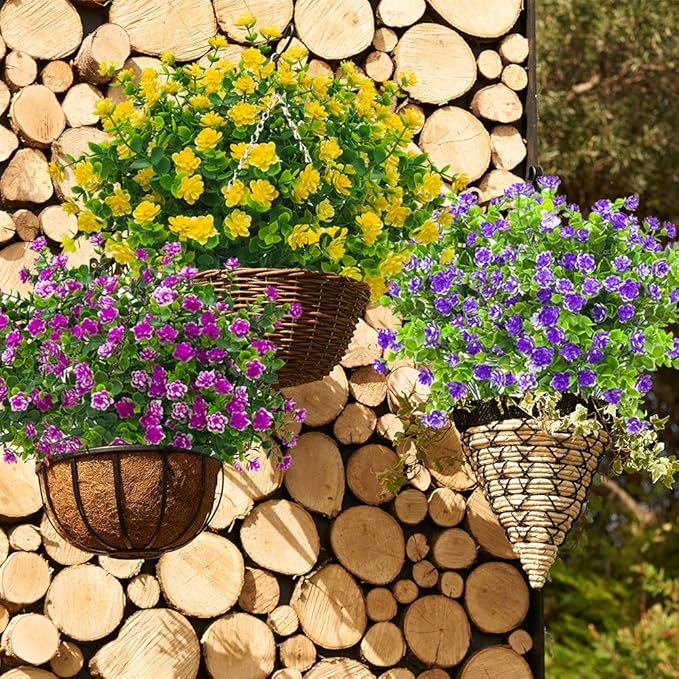 10 Bundles Artificial Fake Flowers, Faux Outdoor Plastic Plants UV Resistant Shrubs Outside Indoor Decorations (Yellow-Eucalyptus)