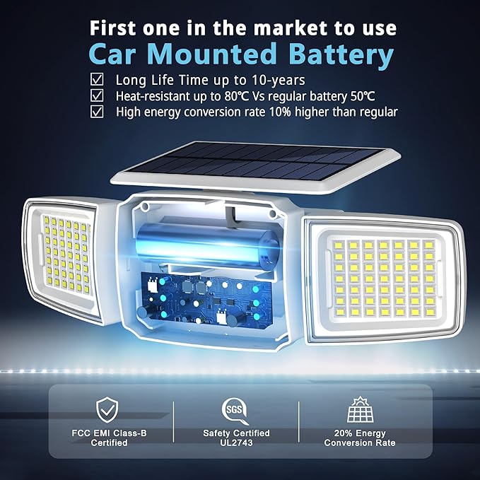 White Solar Security Light Outdoor Super Bright LED, Motion Sensor Flood Light, 3 Heads 270° Wide Angle, Remote Control, IP65 Waterproof, 3 Modes (1 Packs)