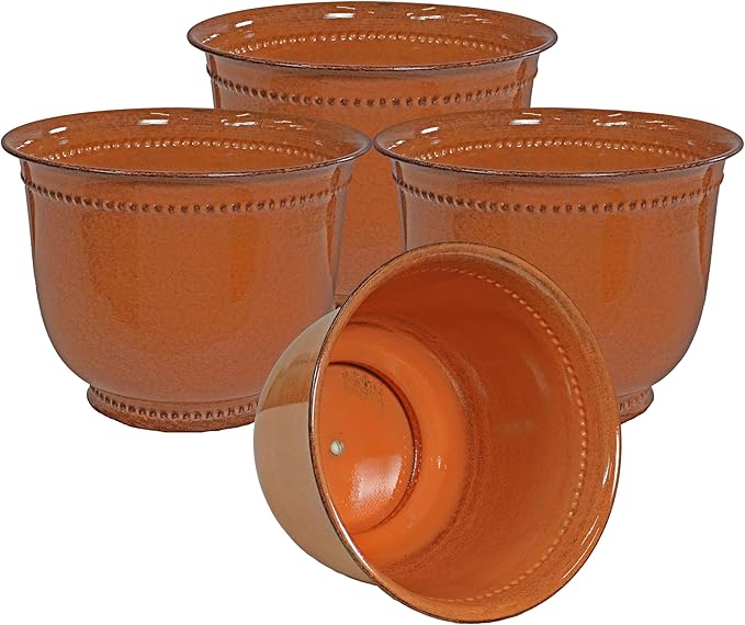 Sunnydaze Michael 14.5" Metal Outdoor Plant Pot Set with Drainage Holes and Rubber Plugs - Chestnut Glaze - Set of 4