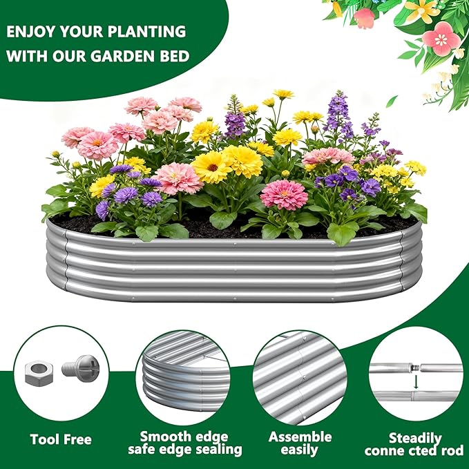 zizin 2 Pack Oval Galvanized Raised Garden Bed Kit 8x4x1ft Large Metal Planter Box for Outdoor Vegetables, Silver