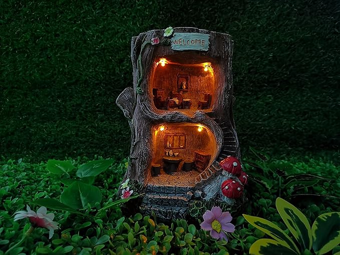 Solar Light Fairy Tree House - Fun Natural Figurine Sculpture with Solar LED Lights for Indoor Outdoor Art Decorations, Patio Yard Lawn Ornaments Gift