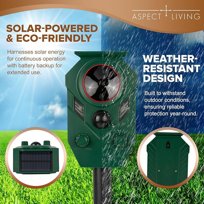 Solar Ultrasonic Animal Repeller Outdoor – Motion Sensor Activated Deer Repellent with Flashing Lights & Sound, IP65 Waterproof, Deterrent for Cats, Dogs, Raccoons, Skunks, Birds