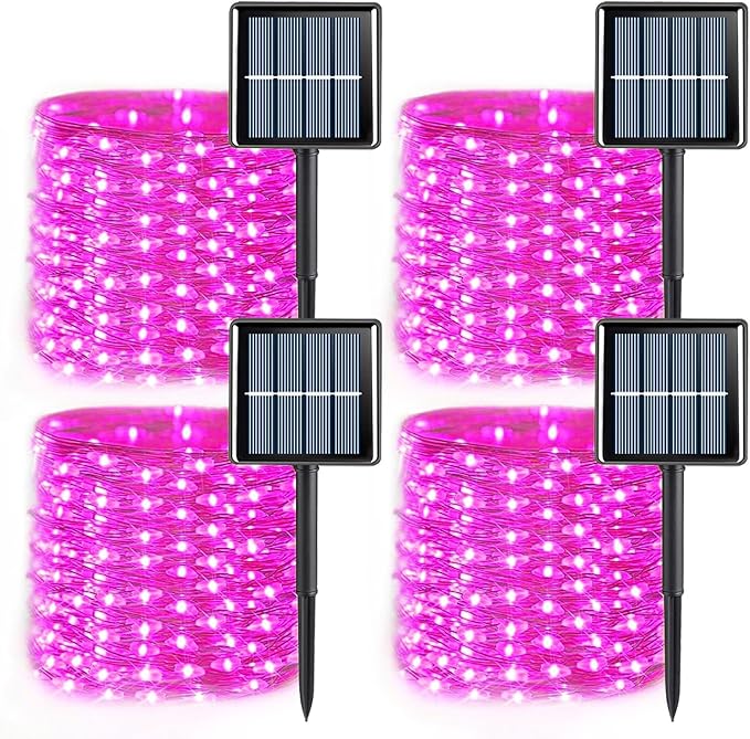 QITONG 4 Pack Pink Solar Fairy Lights, Each 33ft 100 LED String Lights Outdoor Waterproof, 8 Modes Copper Wire Solar Christmas Lights