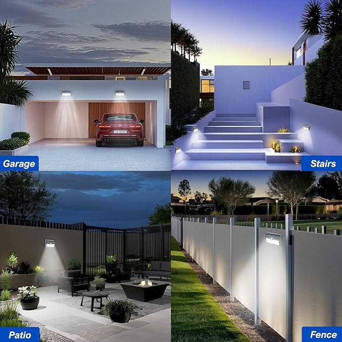 6 Pack Solar Motion Lights Outdoor Waterproof, 270° Wide Angle,3 Modes Solar Wall Lights, Anti Glare Solar Powered Flood Lights for Fence Garage Garden Patio Yard