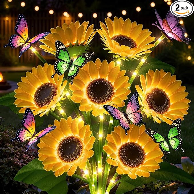 Solar Flowers Outdoor Waterproof: 2 Pack Solar Sunflower Lights with Butterflies for Garden Decor - Auto On Off IP65 Outdoor Lights - Unique Gifts for Mom and Gardeners