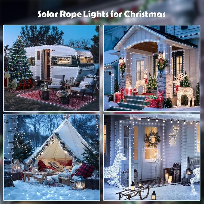 JMEXSUSS 2 Pack 100 LED Solar Rope Lights, 33ft 8 Modes Waterproof LED Solar Pool Lights for Trampoline, Fence, Gazebo, Yard, Walkway, Path, Garden Decor (White)