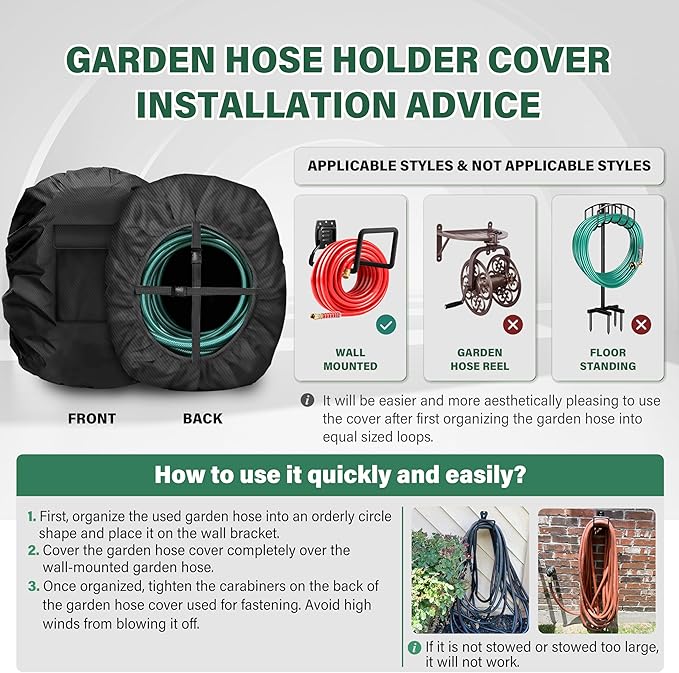 Bethshaya Wall-Mounted Hose Holder Cover , Extends Hose & Hose Hook Lifespan,Weatherproof Protection Against Rain, Sun & Snow(Black Cover Only)