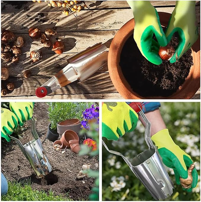 FLORA GUARD Bulb Planter with Depth Markers - Automatic Soil Releasing Seed Bulb Transplanter for Planting/Digging Tulips, Daffodils, Dahlias and More