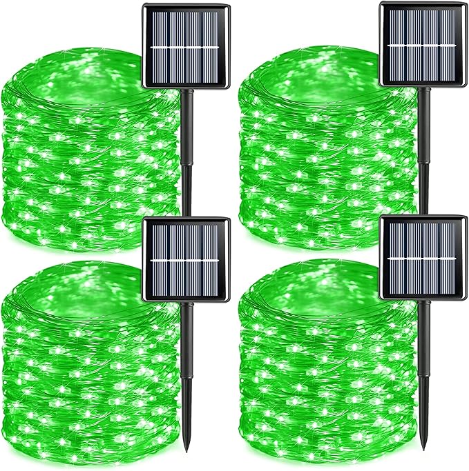 QITONG 4 Pack Solar St. Patricks Fairy Lights, Each 33ft 100 LED Green Christmas String Light Outdoor Waterproof, 8 Modes Silver Wire Twinkle Mini Lights