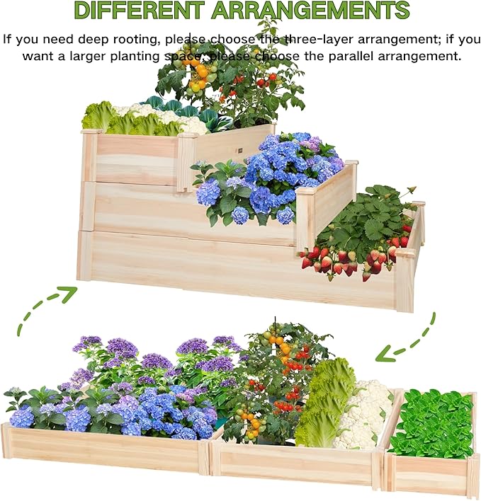ZSYWODFO 3-Tier Raised Garden Bed with Fabric Liner, Wood Elevated Planter Box with Dovetail Joint Design, 3 Dividable Bed Kit for Vegetables/Herbs/Flowers, Outdoor Gardening for Patio, Lawn, Balcony