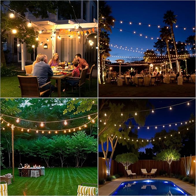 50FT Solar String Lights Outdoor with Remote, IP65 Waterproof Shatterproof ST38 LED Bulbs, 2700K Dimmable Outside Hanging Lights for Patio, Garden, Camping, Deck, Backyard Decor