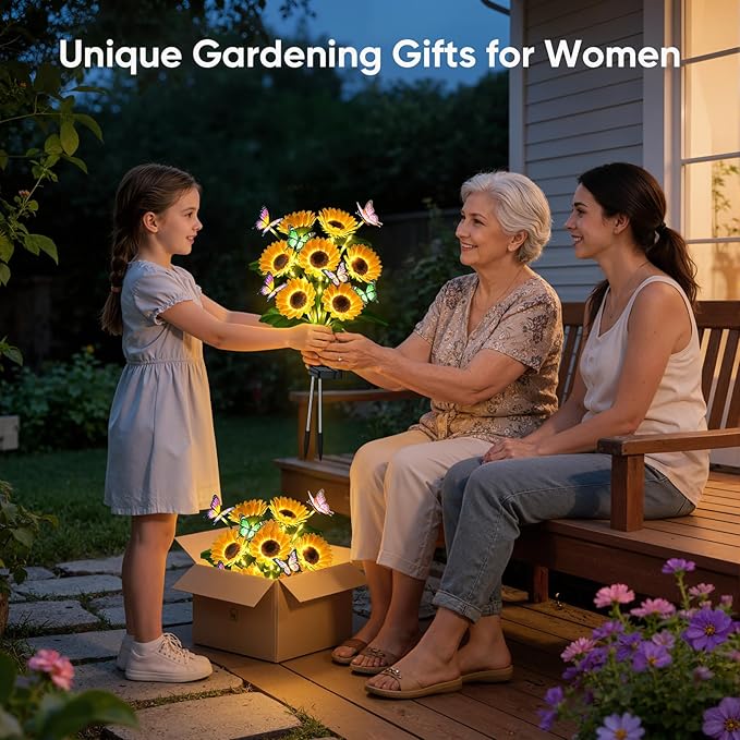 Solar Flowers Outdoor Waterproof: 2 Pack Solar Sunflower Lights with Butterflies for Garden Decor - Auto On Off IP65 Outdoor Lights - Unique Gifts for Mom and Gardeners