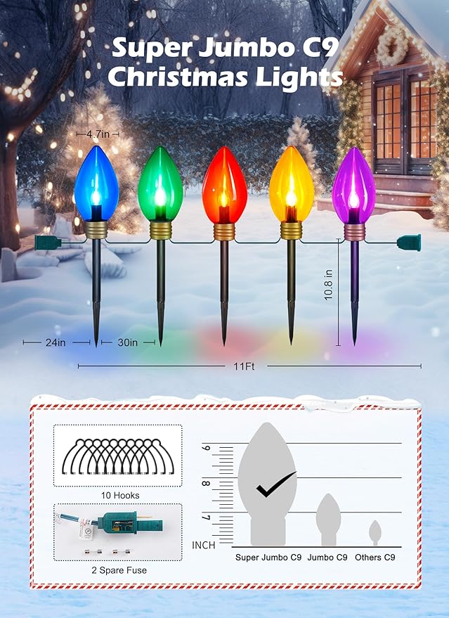 Super Jumbo 2 Pack Christmas & Pathway String Lights, Outdoor Xmas Decor - 11Ft 5 Jumbo LED Hanging Lights, Waterproof Lawn Decoration for Home Tree Roof Yard Garden, Multicolor