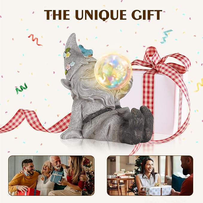 Gnome Statue Solar Bubble Lights Waterproof Outdoor Garden Decor for Patio, Lawn, Yard Cute Gnome Ornament & Housewarming Gift for Outside