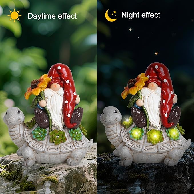 basen Solar Turtle Gnome Garden Statue Outdoor Decor, Resin Turtle with Gnome Figurine and LED Light, Solar Powered Yard Art for Lawn Patio Porch Pathway, Weather Resistant