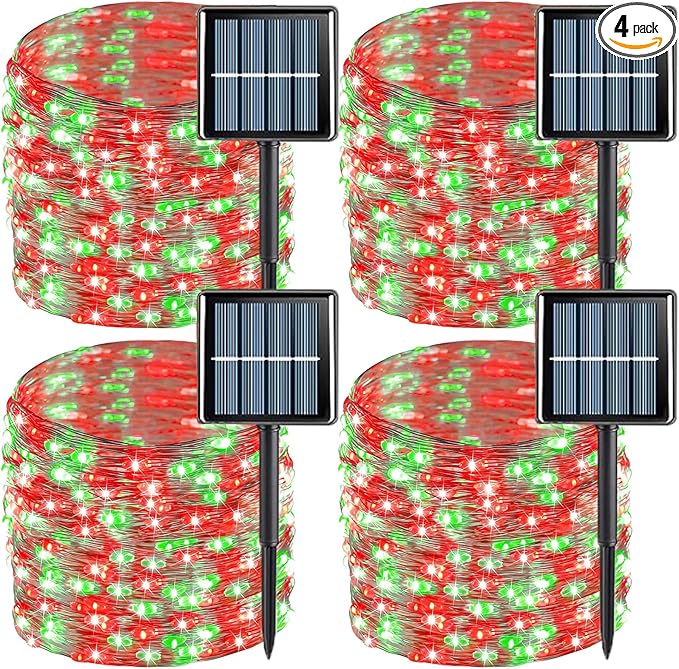 QITONG 4 Pack Solar Fairy Lights, Each 33ft 100 LED Red and Green Christmas String Light Outdoor Waterproof, 8 Modes Silver Wire Twinkle Mini Lights