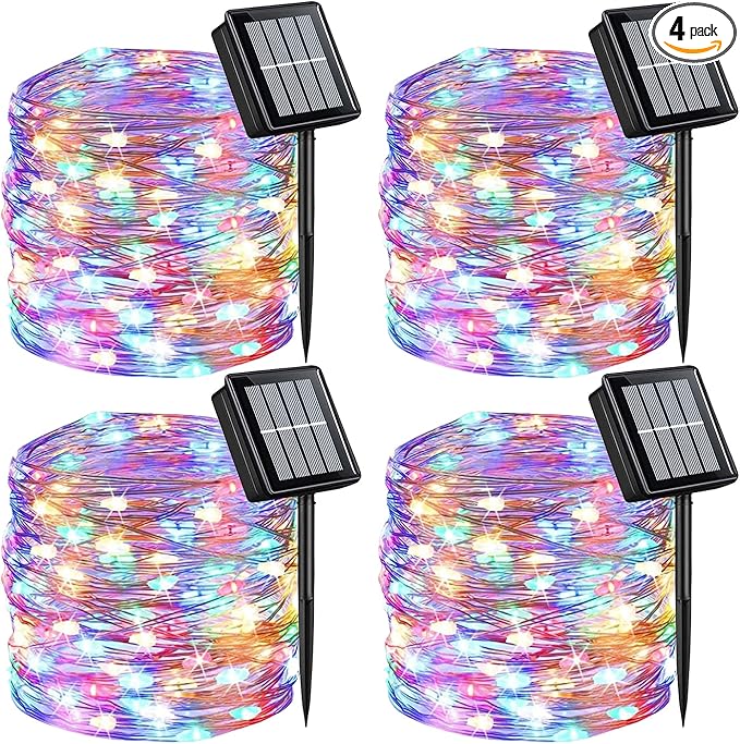 QITONG 4 Pack Solar Fairy Lights, Each 33ft 100 LED Multicolor Christmas String Light Outdoor Waterproof, 8 Modes Silver Wire Twinkle Mini Lights